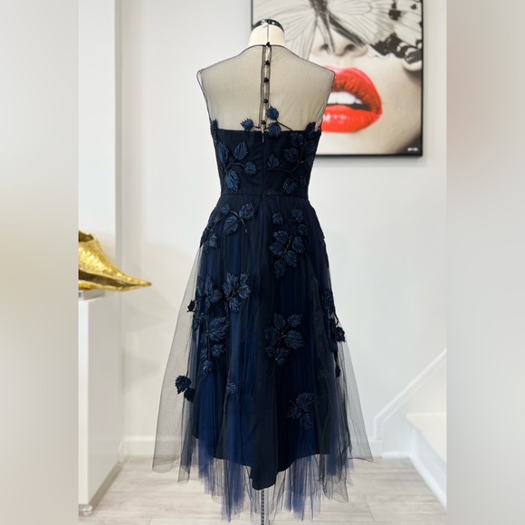 Carolina Herrera Navy Beaded And Appliqued Tulle Mid Length Dress